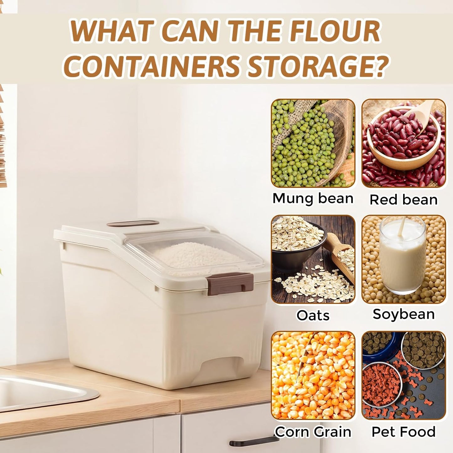 Blushtier 4 Pack Large Rice Storage Containers 30 Lbs Airtight Flour Container with Seal Locking Lid and Measuring Cup Kitchen Dry Food Storage Bins for Cereal Sugar Beans(Transparent White)