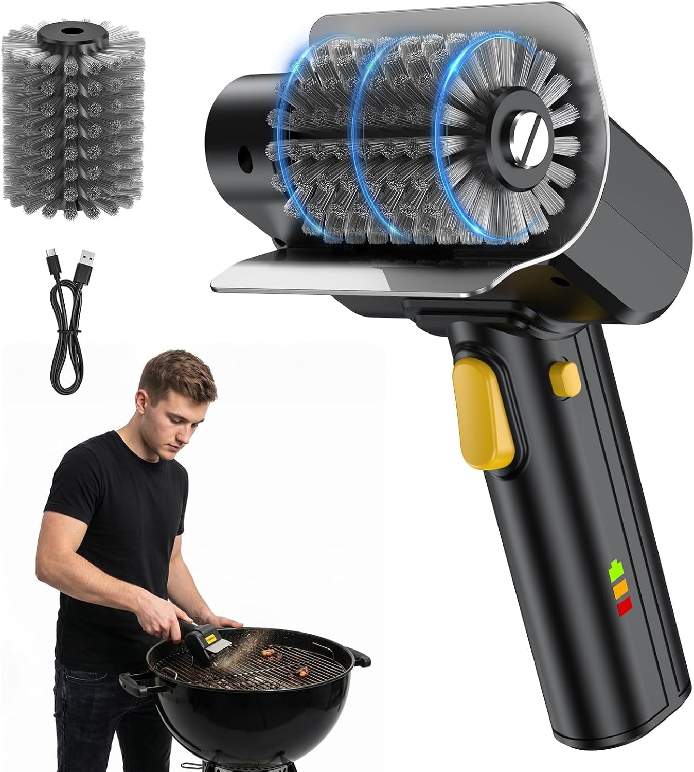 SOARFLY Electric BBQ Grill Brush, 800RPM Grill Cleaner for Outdoor Grill with 2-Speed & 20kg Torque–Last 3.5H, Dual LED Light for Night, No Bristle Drop Safe for Cast Iron Stainless, Gifts for Men Dad