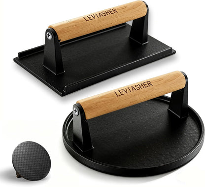 2.1lb Steak Weight & Burger Press, Grid Base, 7"X4" Rectangle Heavy Duty Cast Iron Grill Press with Wood Handle for Blackstone, Chef, Camp, Panini, Vegetable, Bacon, Sandwich, BBQ