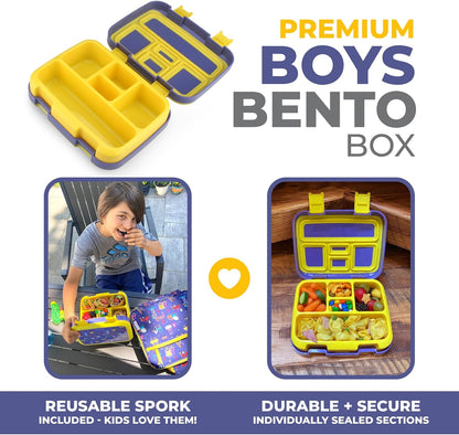 Kinsho Bento Lunch Box for Kids Toddlers, 5 Portion Control Sections, BPA Free Removable Plastic Tray, Pre-School Kid Toddler Daycare Lunches, Snack Container Ages 3 to 7 (Blue Space Rockets)