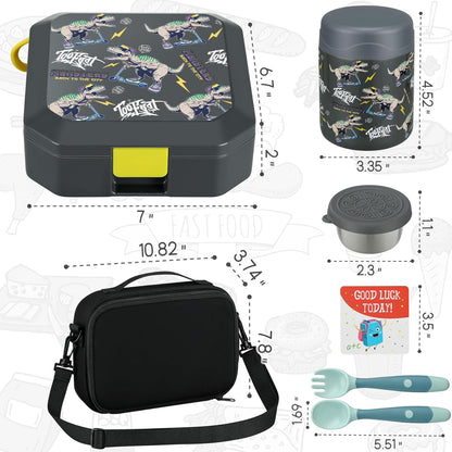Itslife Bento Lunch Box Set for Kids with 12oz Soup Thermo&Lunch Bag, Leak-Proof Lunch Food Containers for Kids School, 5 Compartment, Sauce Cup, 10 Notes (Dinosaurs Black)