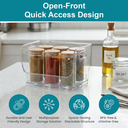Basicwise Set of 3 Open-Front 16" Clear Storage Bins with Easy-Grip Handles Stackable Transparent Plastic Organizer Container for Pantry Cabinet Refrigerator Drawers Closets & Shelf Organization, XL