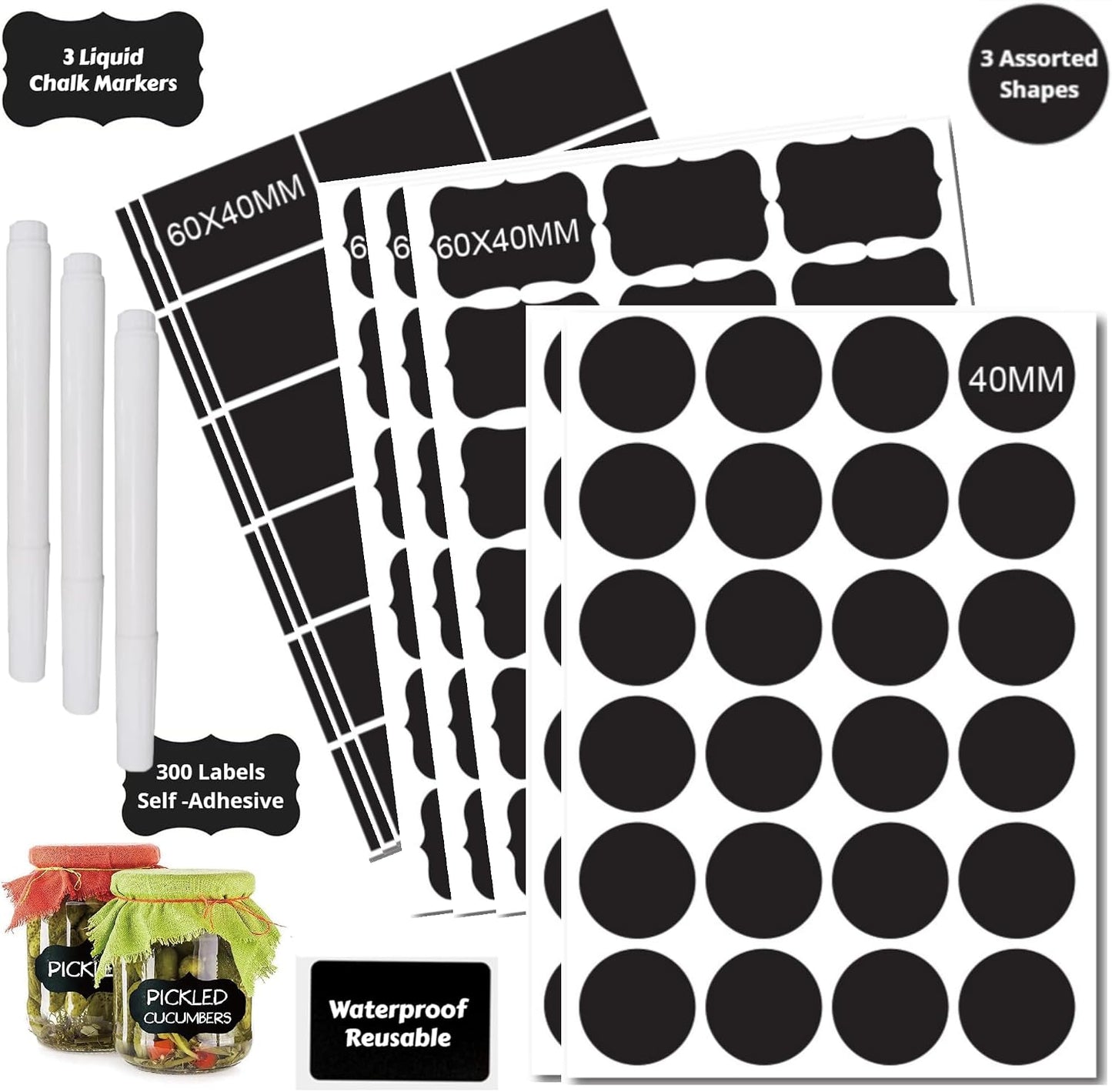 Chalkboard Labels 180 Pcs Waterproof Reusable Label for Food Containers Chalk Sticker Labels with 2 Liquid Chalk Markers for Mason Jars, Parties Decoration, Craft Rooms, Storage, Home, Kitchen