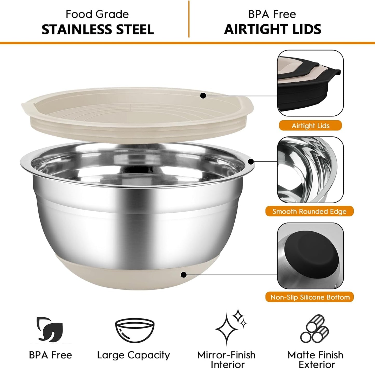 CHAREADA Mixing Bowls with Airtight Lids, 18pcs Stainless Steel Nesting Mixing Bowls Set Non-slip Silicone Bottom, Size 4.5, 3.6, 2.7, 2.1, 1.7, 1.1, 0.7 qt, Fit for Mixing & Serving(Colorful)