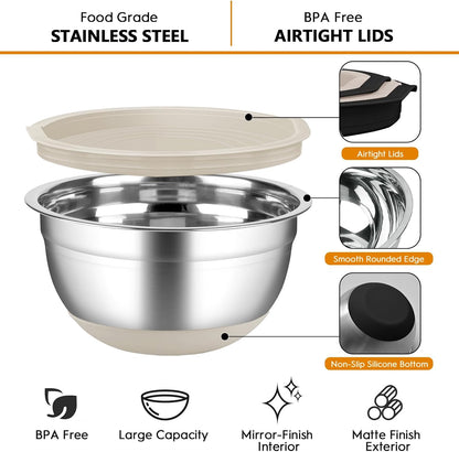 CHAREADA Mixing Bowls with Airtight Lids, 18pcs Stainless Steel Nesting Mixing Bowls Set Non-slip Silicone Bottom, Size 4.5, 3.6, 2.7, 2.1, 1.7, 1.1, 0.7 qt, Fit for Mixing & Serving(Colorful)