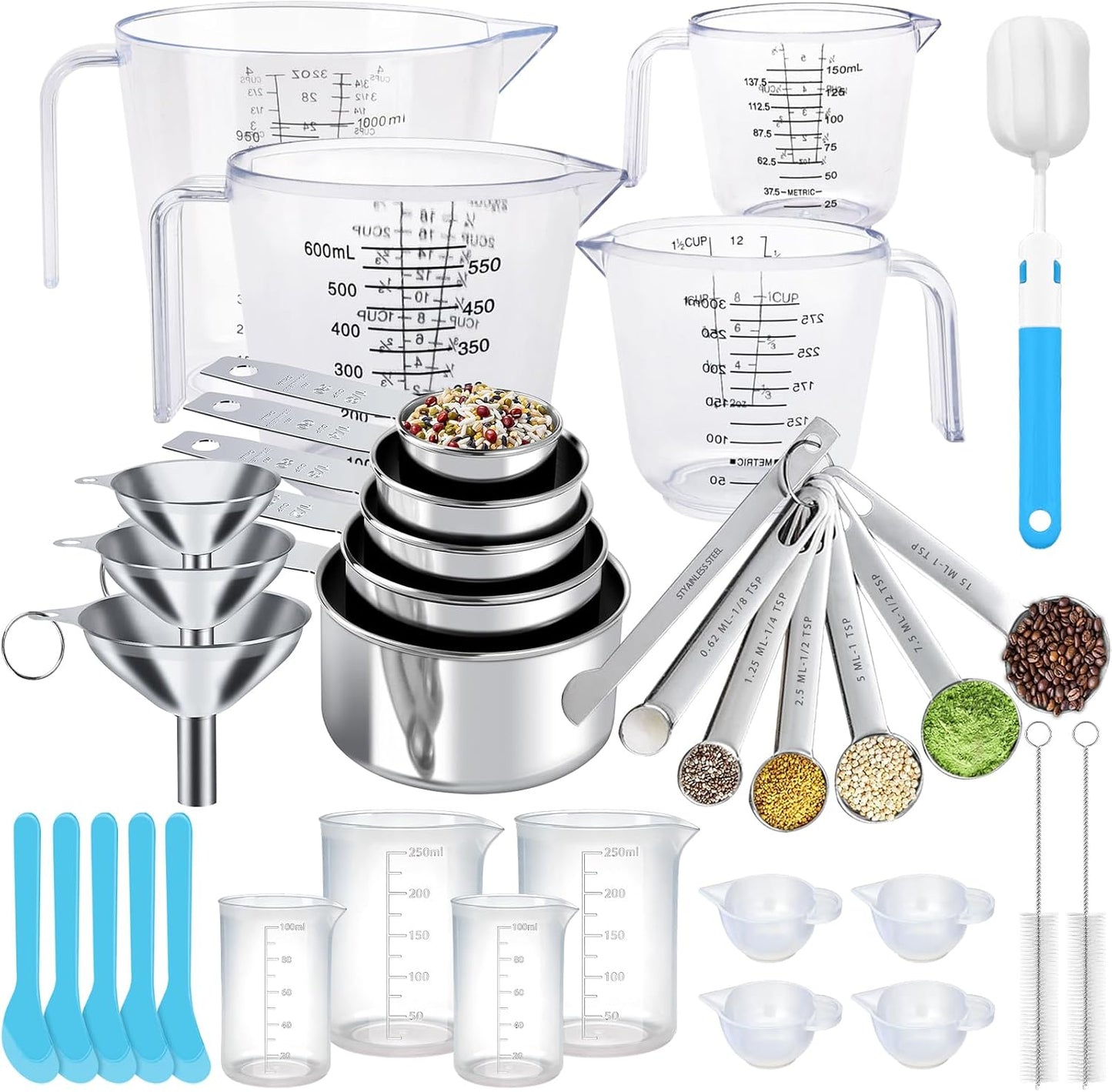 Measuring Cups and Spoons Set 21 Piece, 11 Stainless Steel Nesting Measuring Spoons and Cups with 3 Plastic Measuring Cup, 3 Funnel, 3 Brush, 1 Ruler, Measuring Cup Set for Kitchen Baking Liquid Dry