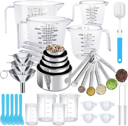 Measuring Cups and Spoons Set 21 Piece, 11 Stainless Steel Nesting Measuring Spoons and Cups with 3 Plastic Measuring Cup, 3 Funnel, 3 Brush, 1 Ruler, Measuring Cup Set for Kitchen Baking Liquid Dry