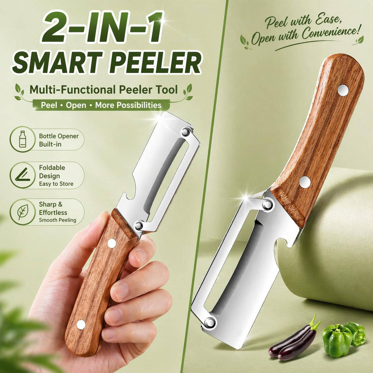 Left & Right Hand Vegetable Peeler Set with Scallion Slicer & Bottle Opener, Heavy-Duty Thick Stainless Steel Blade, Multi-Function Kitchen Peeler with Wooden Handle for Fruits & Vegetables(New 2pcs)