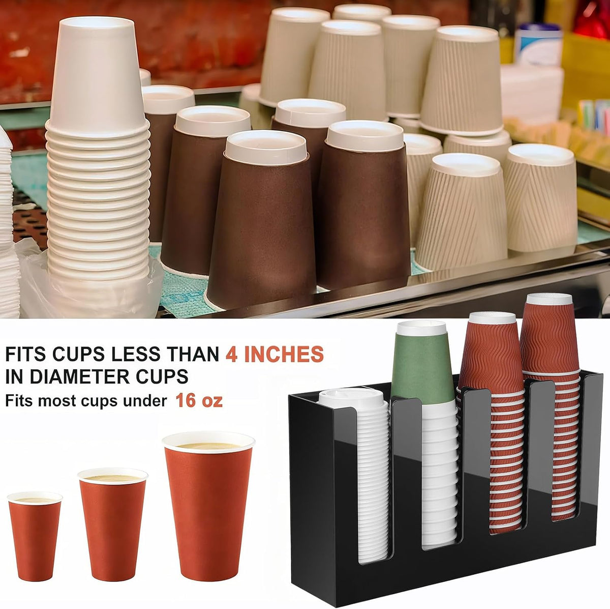 Coffee Cup Dispenser, Cup and Lid Organizer fits 5 to 16 oz Disposable Cups