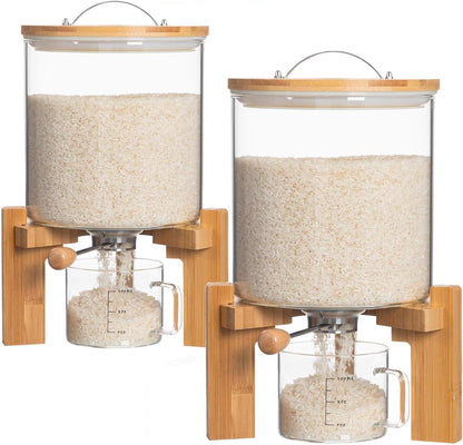 HBlife 5-7 Lbs Glass Rice Dispenser with Wooden Stand Flour and Cereal Container with Glass Measuring Cup Pantry Food Organization Storage Bin with Airtight Bamboo Lid, 3L