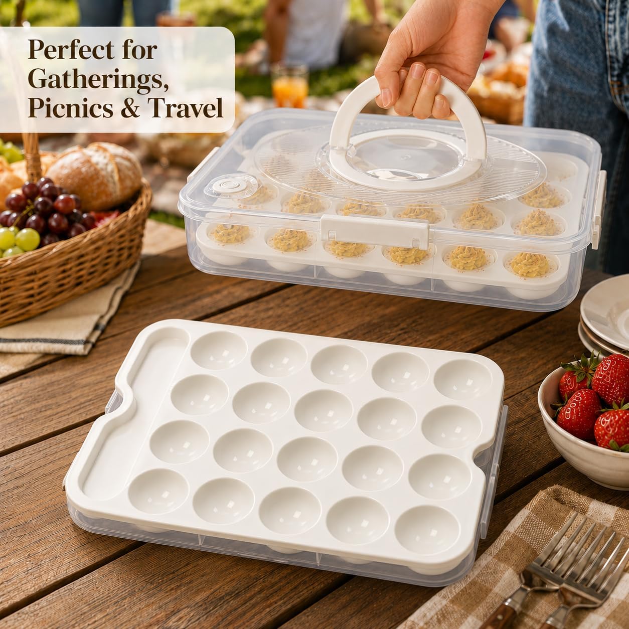 2 Pack Deviled Egg Containers with Lid, Holds 40 Deviled Egg Halves Total, Stackable Deviled Egg Carrier for Party, Picnic, Potluck, Easter, Refrigerator Storage, Clear Plastic Egg Tray Holder