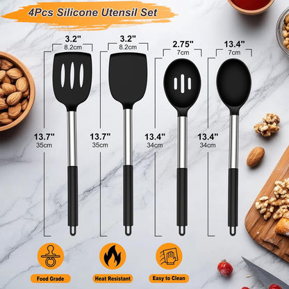 Yoehka Silicone Cooking Utensils Set for Nonstick Cookware, 4Pcs Heat Resistant Kitchen Silicone Spatula and Spoon Set with Stainless Steel Handle, Mixing, Flipping, Turning, Stirring, Black