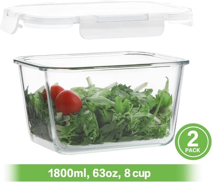 HOMBERKING 4 Pieces 63oz/8cup Large Glass Food Storage Containers with Lids, Meal Prep Containers, Airtight Bento Boxes with Leak Proof Locking (2 Containers + 2 Lids) - Microwave, Oven Safe
