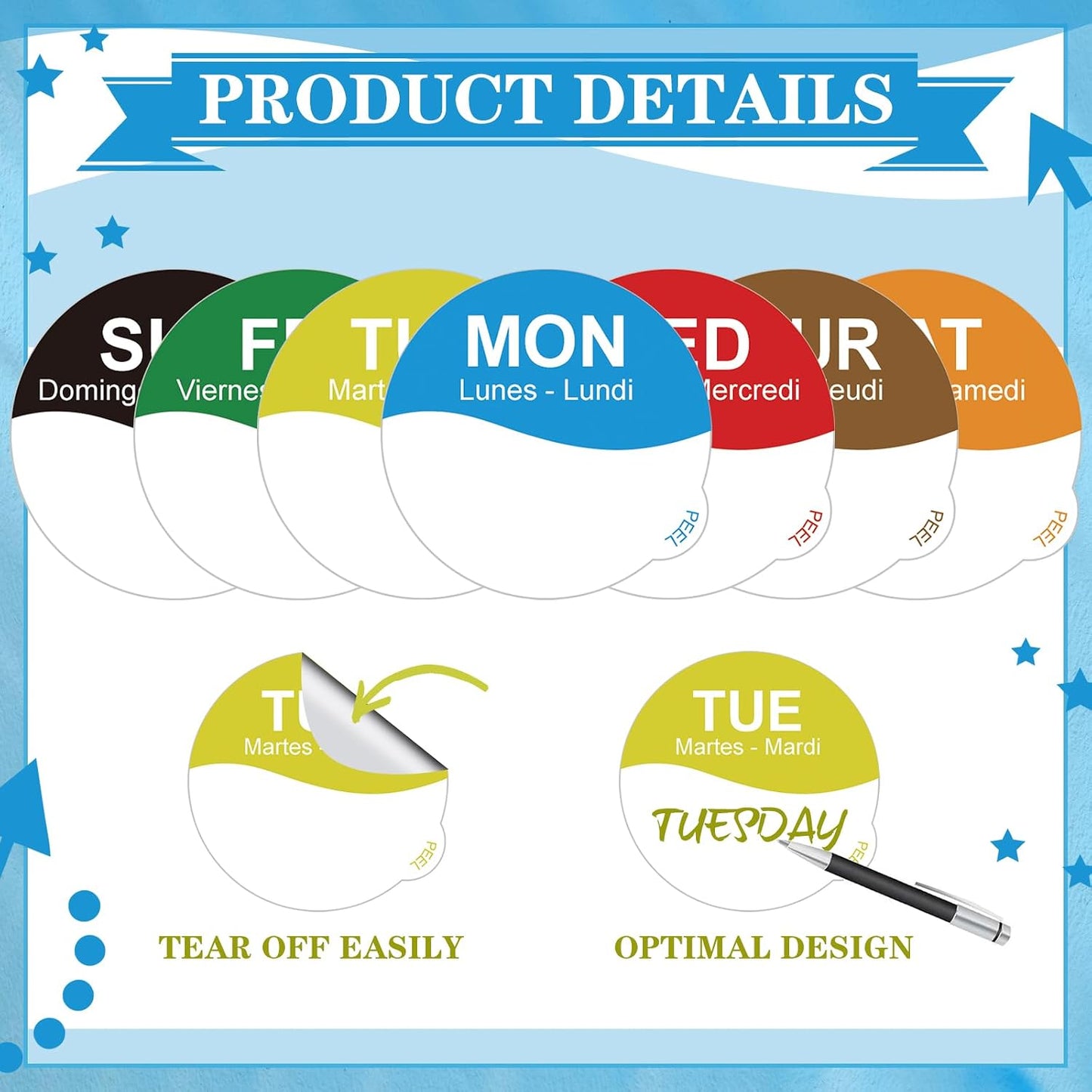 Sayglossy 7000 Pcs Day of Week Label Food Label Monday Through Sunday Management Inventory Sticker Removable Weekly Self Adhesive Date Dot Sticker for Restaurant Kitchen Container (Square)