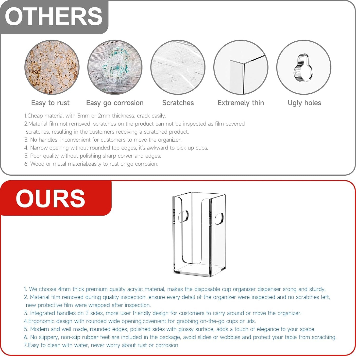 WINFFOR Disposable Cup Organizer Dispenser - 2 Compartments Clear Acrylic Cup and Lid Holder with Handles Plastic Cup Dispenser Countertop Paper Cup Holder for Coffee Bar House Party Essentials
