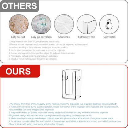 WINFFOR Disposable Cup Organizer Dispenser - 2 Compartments Clear Acrylic Cup and Lid Holder with Handles Plastic Cup Dispenser Countertop Paper Cup Holder for Coffee Bar House Party Essentials