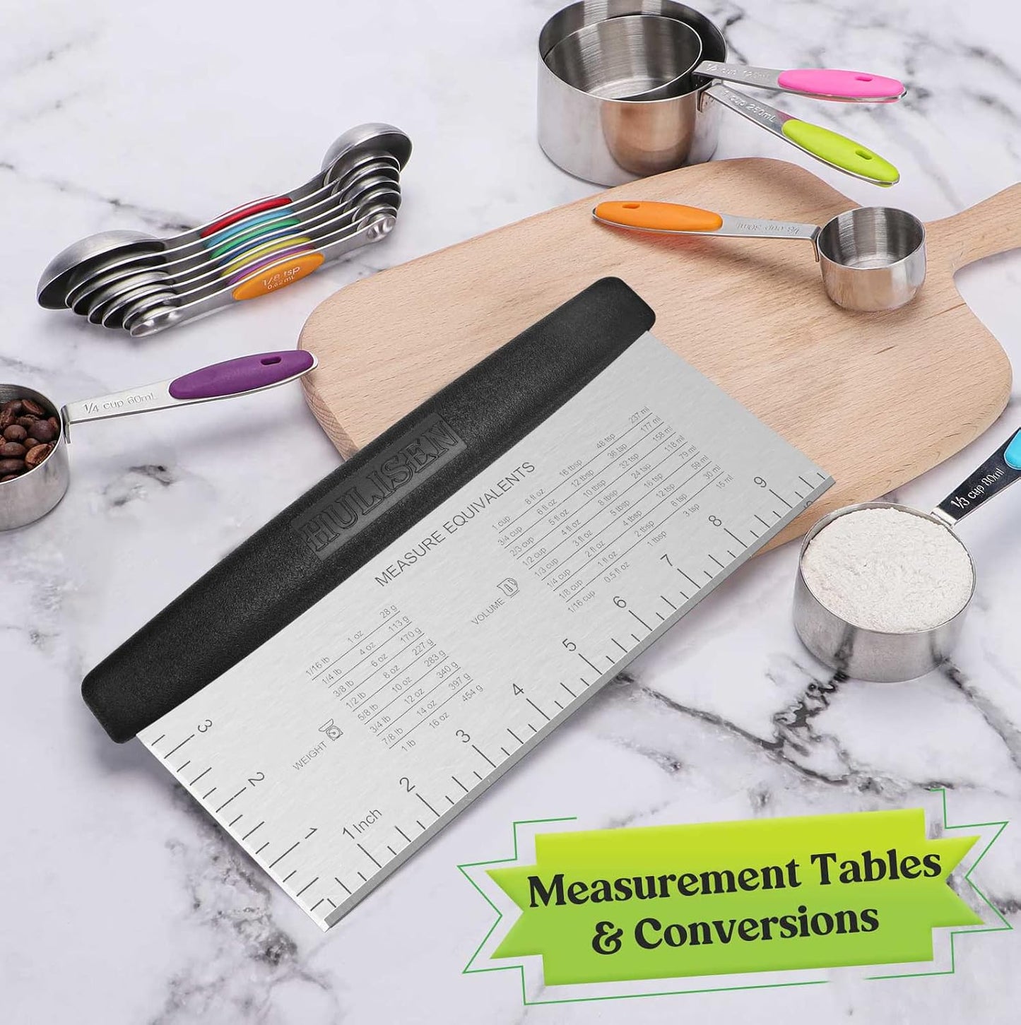HULISEN Large Bench Scraper for Baking, 10 inch Dough Pastry Scraper with Measuring Scale, Stainless Steel Cake Scraper, Pizza Cutter, Food Chopper, Bread Separator Knife