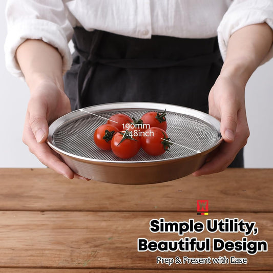 WAGENSTEIGER Stainless Steel Mesh Tray Set with Drip Pan, Air Fryer Basket and Tray, Kitchen Colander, Vegetable and Fruit Strainer, Food Filter, BBQ Prep Tool, Fruit Serving Dishes (9.84 inch)