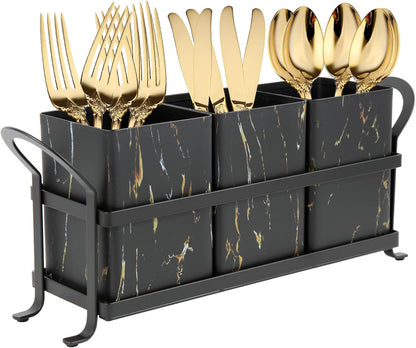 NelyBet Utensil Holder Silverware Caddy for Party Countertop, 3pcs Bins Set Silverware Caddy Organizer Holders for Spoon and Fork, White and Black