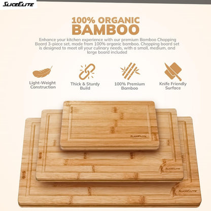 SliceElite Extra Large Bamboo Cutting Board Set 3 Piece End Grain Wooden Chopping Boards with Holder Non Slip Feet Juice Groove XL Butcher Block Style Boards for Kitchen Carving and Serving