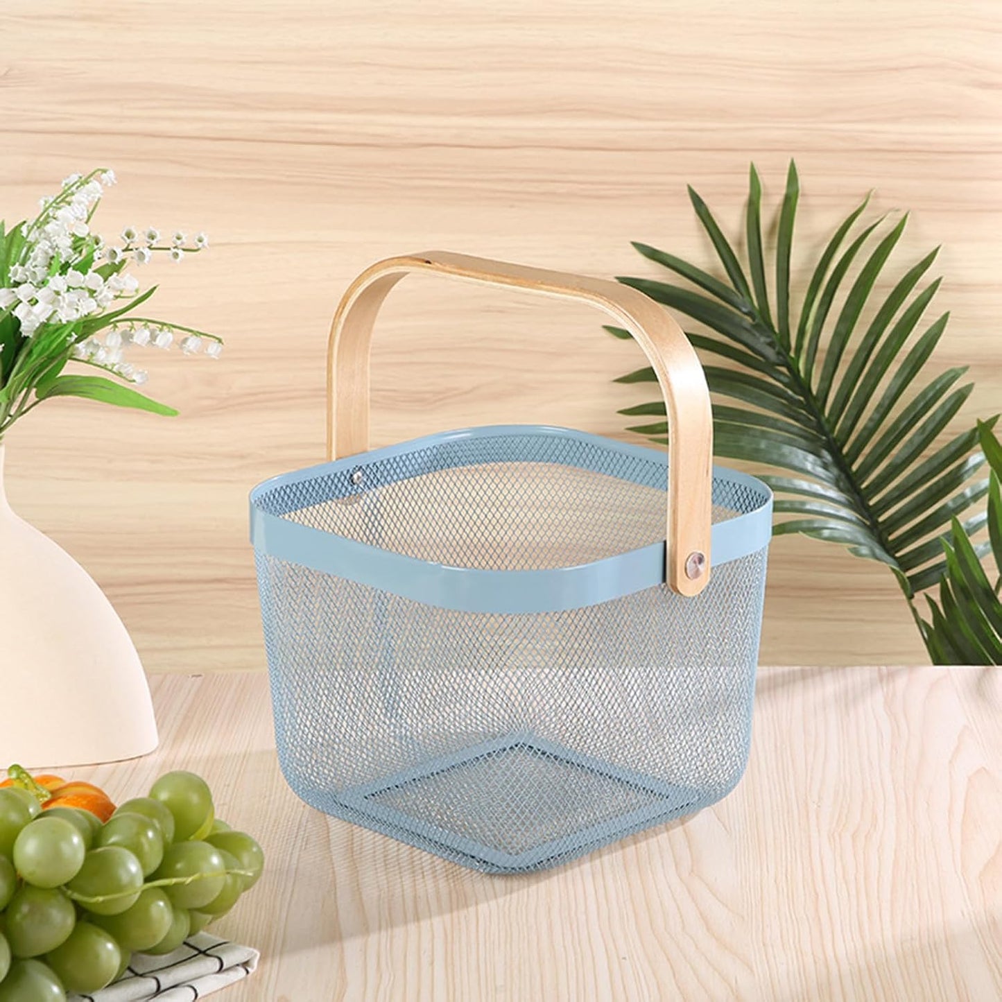AJIODA Metal Mesh Wire Basket, Large Steel Basket with Wooden Handle Storage Organizer Basket Multi-functional Hanging Kitchen Baskets Fruit Baskets for Kitchen Bathroom Cabinet Pantry Snacks, Black