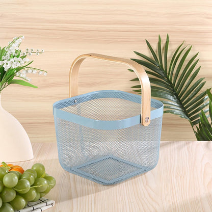 AJIODA Metal Mesh Wire Basket, Large Steel Basket with Wooden Handle Storage Organizer Basket Multi-functional Hanging Kitchen Baskets Fruit Baskets for Kitchen Bathroom Cabinet Pantry Snacks, Black