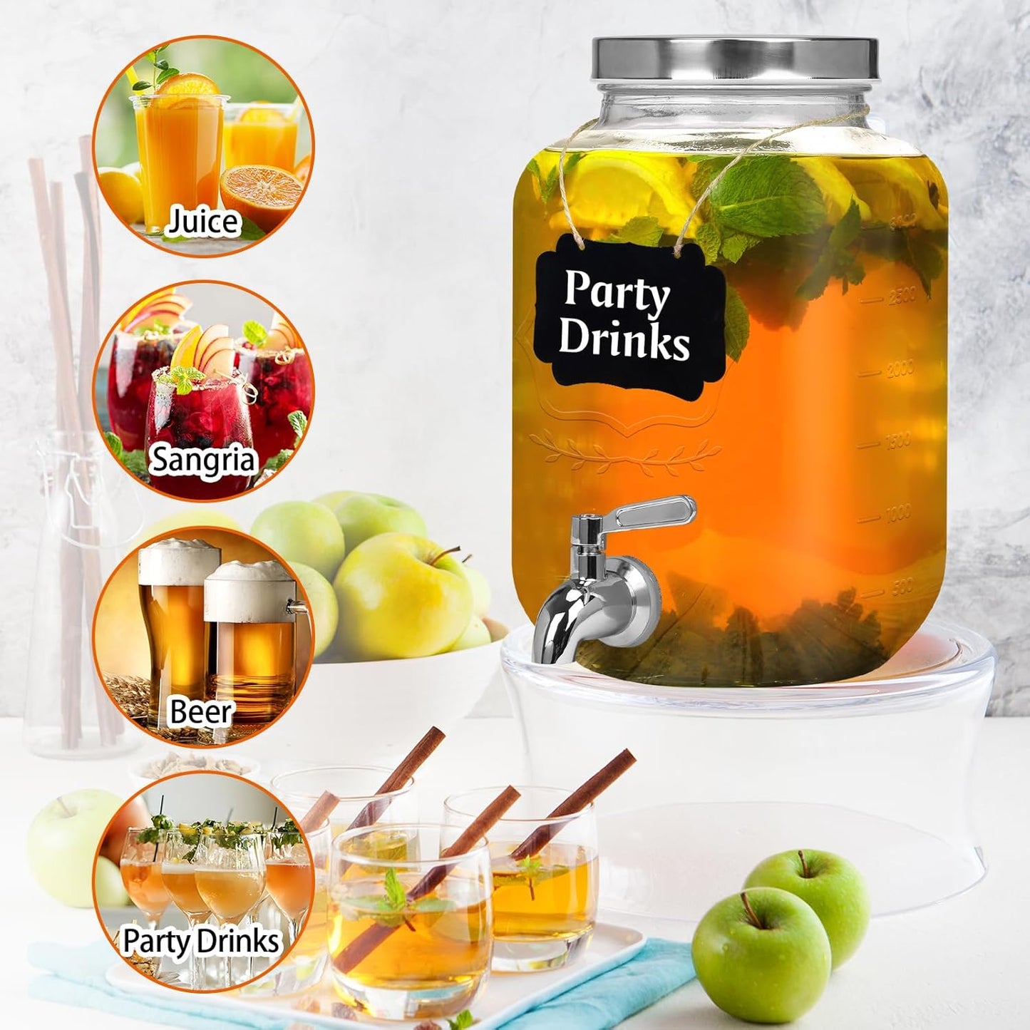 Bululuo Glass Drinks Dispenser for Parties, 2 Gallon Beverage Dispenser with Stand for Juice and Iced Tea, Water Jug Dispenser for Lemonade, Party Essential Beverage Pitcher with Spout