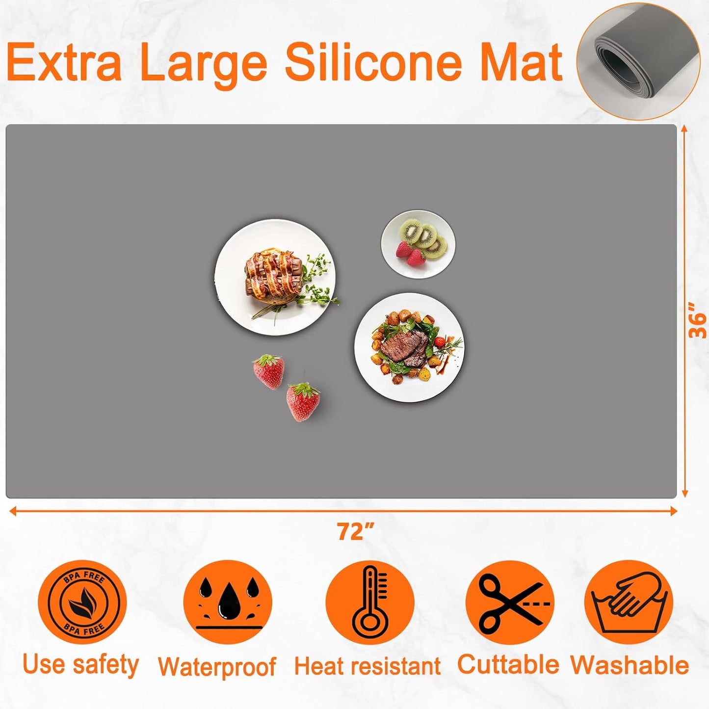 72''x16'' Extra Large Silicone Mat for Kitchen Counter, Heat Resistant Countertop Protector, Non-Slip Waterproof Kitchen Island Mat, Easy to Clean, Light Gray