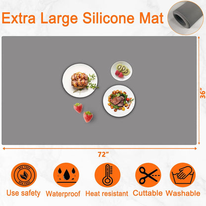 72''x16'' Extra Large Silicone Mat for Kitchen Counter, Heat Resistant Countertop Protector, Non-Slip Waterproof Kitchen Island Mat, Easy to Clean, Light Gray