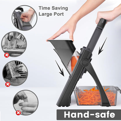 [All in 1] Upgraded Version Safe Mandoline Slicer for Kitchen, Adjustable Thickness. Veggie Slicer, Rapid Prep Mandoline, Detachable Blade, Cleaning Brush/Paring Knife (Black Knight)