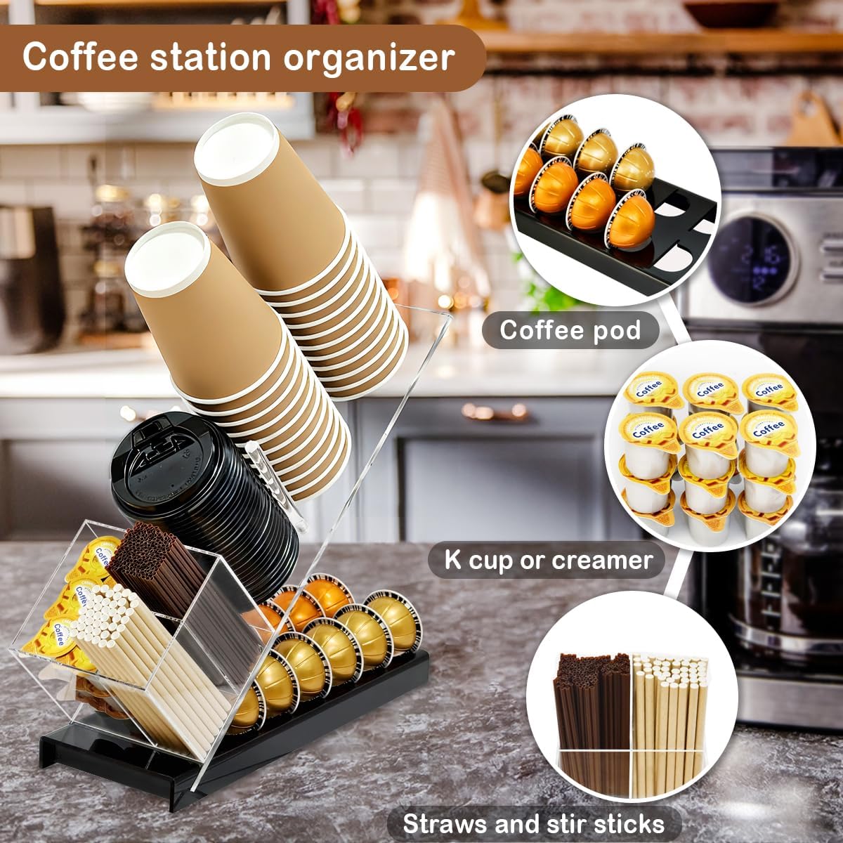 Acrylic Cup and Lid Holder with Coffee Pods Organizer, Adjustable Coffee Cup Holder 6 Compartment Dispenser for Disposable Cup and Straw Accessories Organizer, for Office, Home, Coffee Bar Countertop