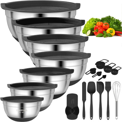 CHAREADA Mixing Bowls with Airtight Lids, 18pcs Stainless Steel Nesting Mixing Bowls Set Non-slip Silicone Bottom, Size 4.5, 3.6, 2.7, 2.1, 1.7, 1.1, 0.7 qt, Fit for Mixing & Serving(Colorful)