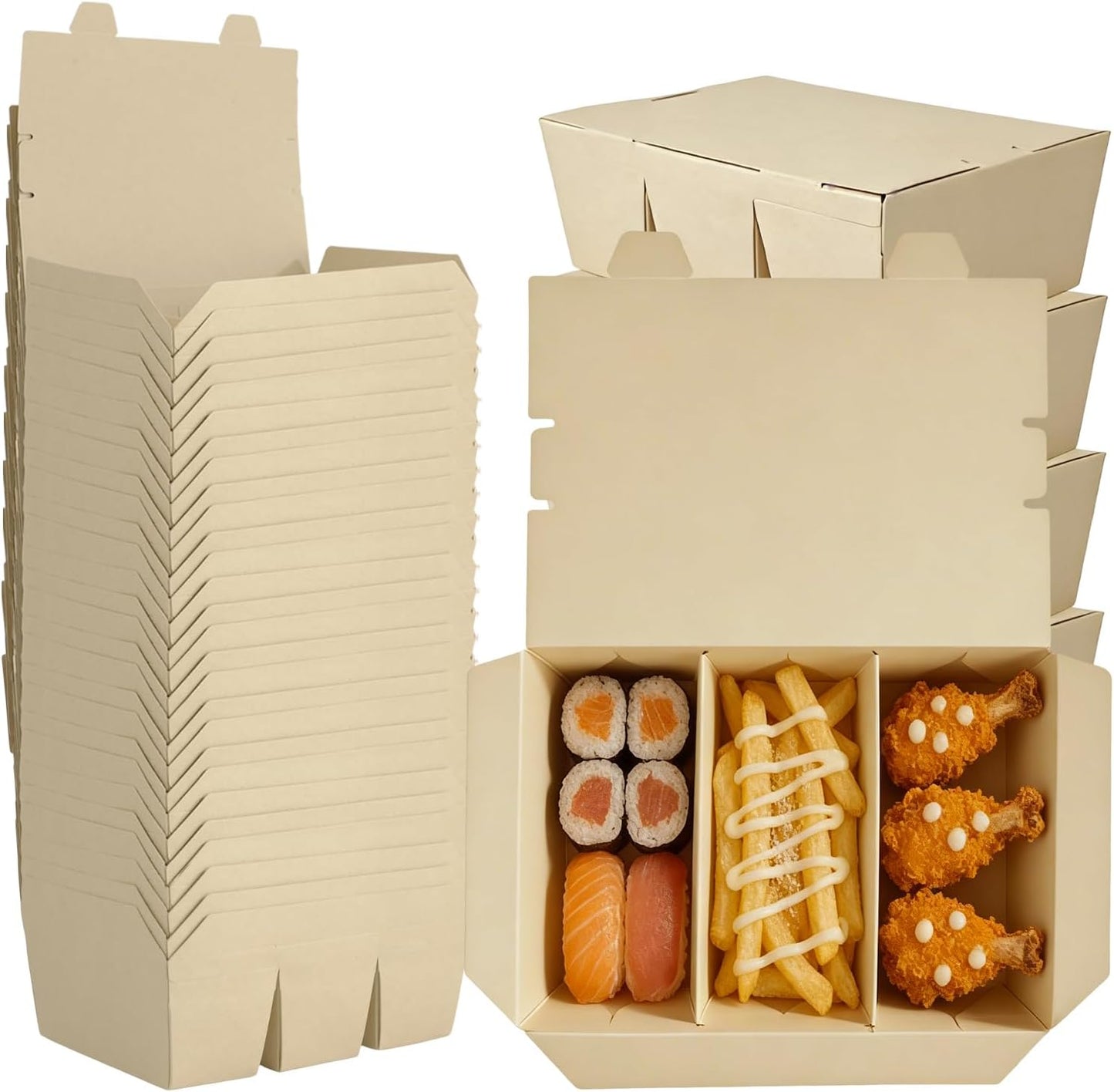 30 Pack 3 Compartment Take Out Food Containers, 7.5x5.4x2.6" Bamboo Pulp Paper Take Out Boxes, Disposable To Go Container Take Out Containers, Greaseproof Paper Bento Box Takeout Lunch Boxes with Lid