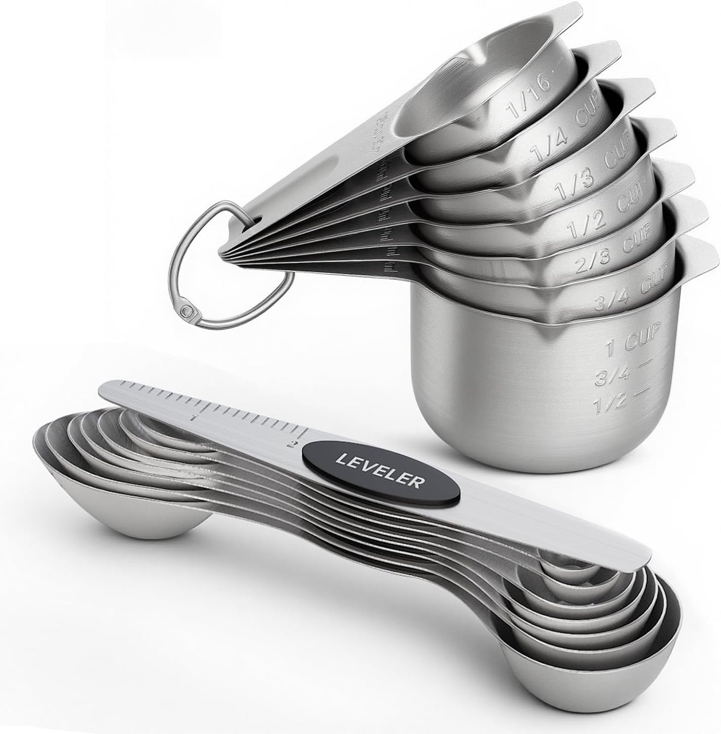 ChefAide Pack of 8 Stainless Steel Magnetic Measuring Spoons Set, Dual Sided, Stackable, Adjustable Teaspoon and Tablespoon Measure Spoon with Leveler, Kitchen Gadgets
