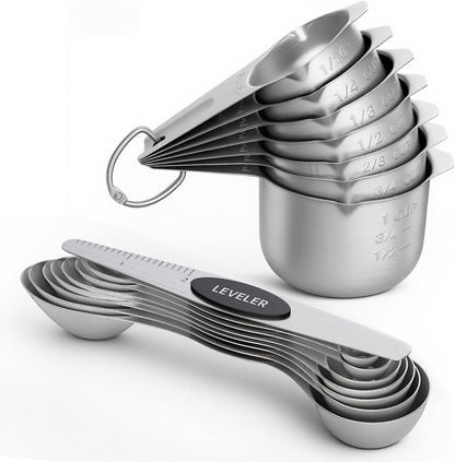 ChefAide Pack of 8 Stainless Steel Magnetic Measuring Spoons Set, Dual Sided, Stackable, Adjustable Teaspoon and Tablespoon Measure Spoon with Leveler, Kitchen Gadgets