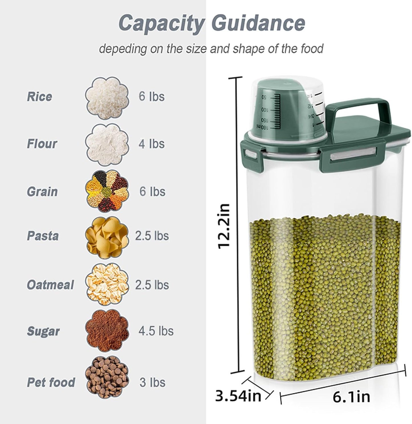 LEAWALK Airtight Rice Storage Container, 3-5Lbs Cereal Dry Food Flour Bin, Pet Dog Cat Food Dispenser with Measuring Cup, BPA Free Plastic Kitchen and Pantry Organization Bin for Sugar-Clear Grey