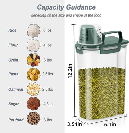 LEAWALK Airtight Rice Storage Container, 3-5Lbs Cereal Dry Food Flour Bin, Pet Dog Cat Food Dispenser with Measuring Cup, BPA Free Plastic Kitchen and Pantry Organization Bin for Sugar-Clear Grey
