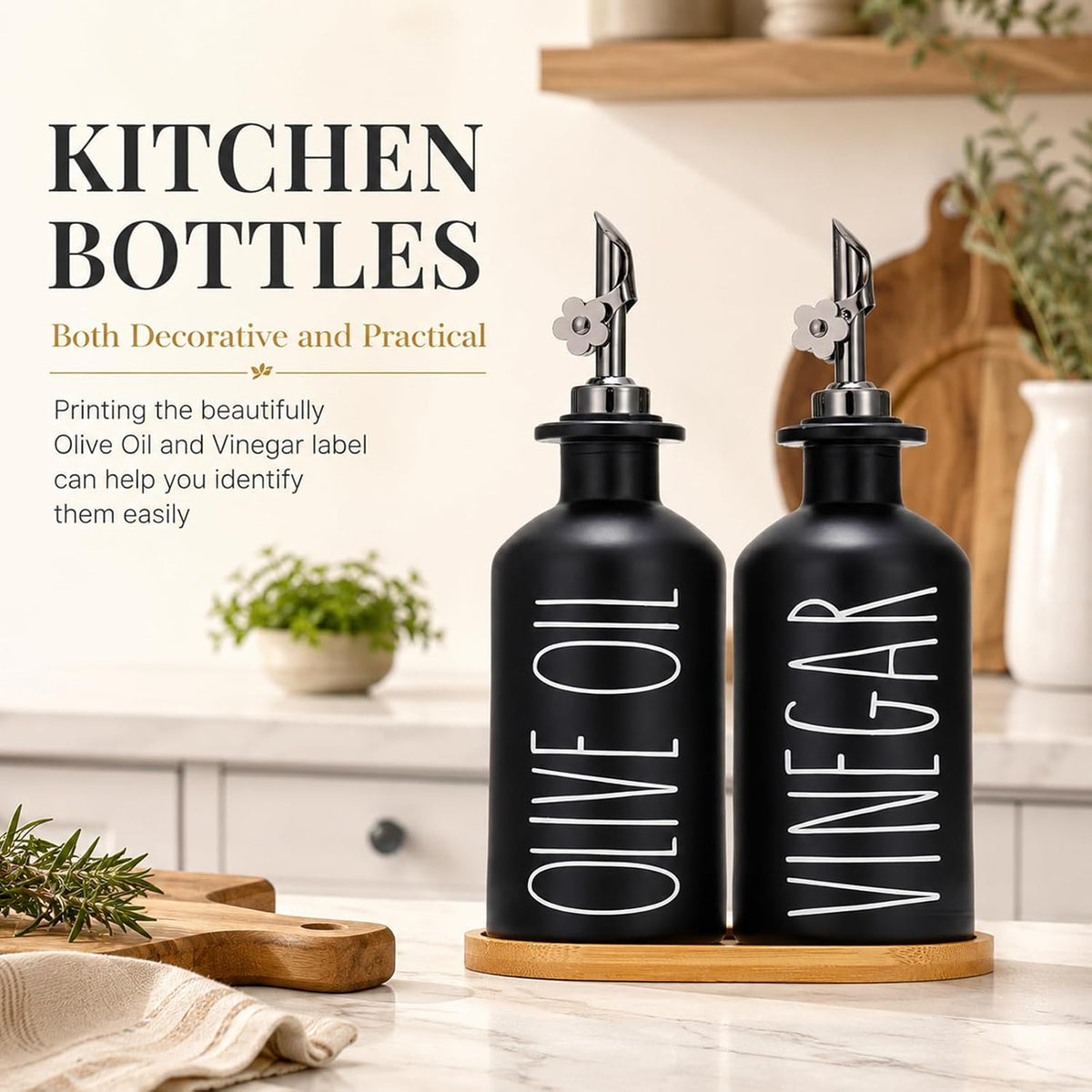 HOMCDALY Premium Olive Oil Dispenser for Kitchen, 11.8oz Glass Oil Bottles with Bamboo Tray, White Oil&Vinegar Cruet Set, Kitchen Dispenser Bottles with Pourer| Set of 2 (11.8oz –P–White)