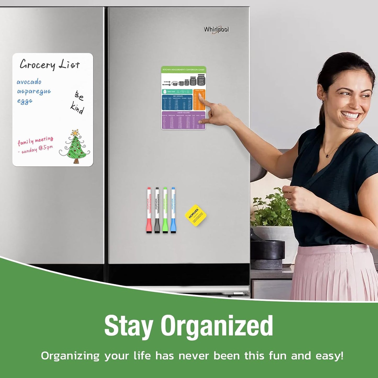 HOMiDEK Magnetic Dry Erase Board: Small Fridge Whiteboard, Flexible Refrigerator Magnet White Board, Blank Writing Note Sheet with Kitchen Conversion Chart Magnet, 4 Markers & Eraser - 12 x 8