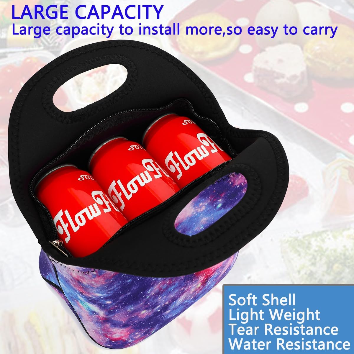 FlowFly Neoprene kids Lunch box Insulated Soft Bag Mini Cooler Thermal Meal Tote Kit for Boys, Girls,Men,Women,School,Work, Office,Black