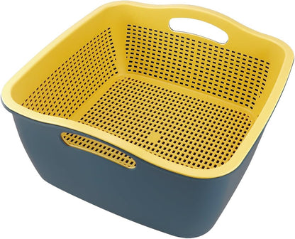 Double-layer Draining Basket Plastic Fruits & Vegetable Washing Basket for Kitchen (Blue)