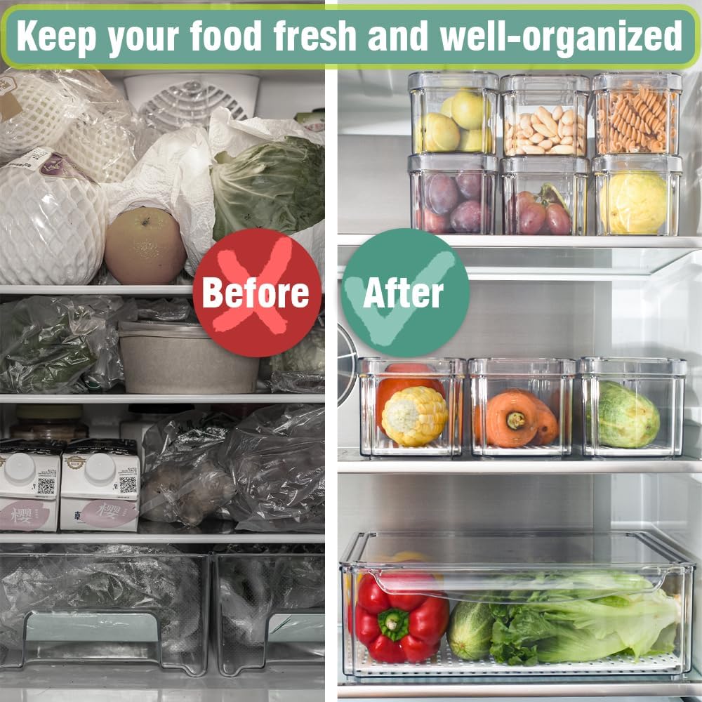 Stackable Refrigerator Organizer Bins with Lids, Fridge Organization and Storage Containers, BPA-Free Plastic Pantry Bins for Fruits, Vegetable, Drinks With Drain Tray, Set Of 10