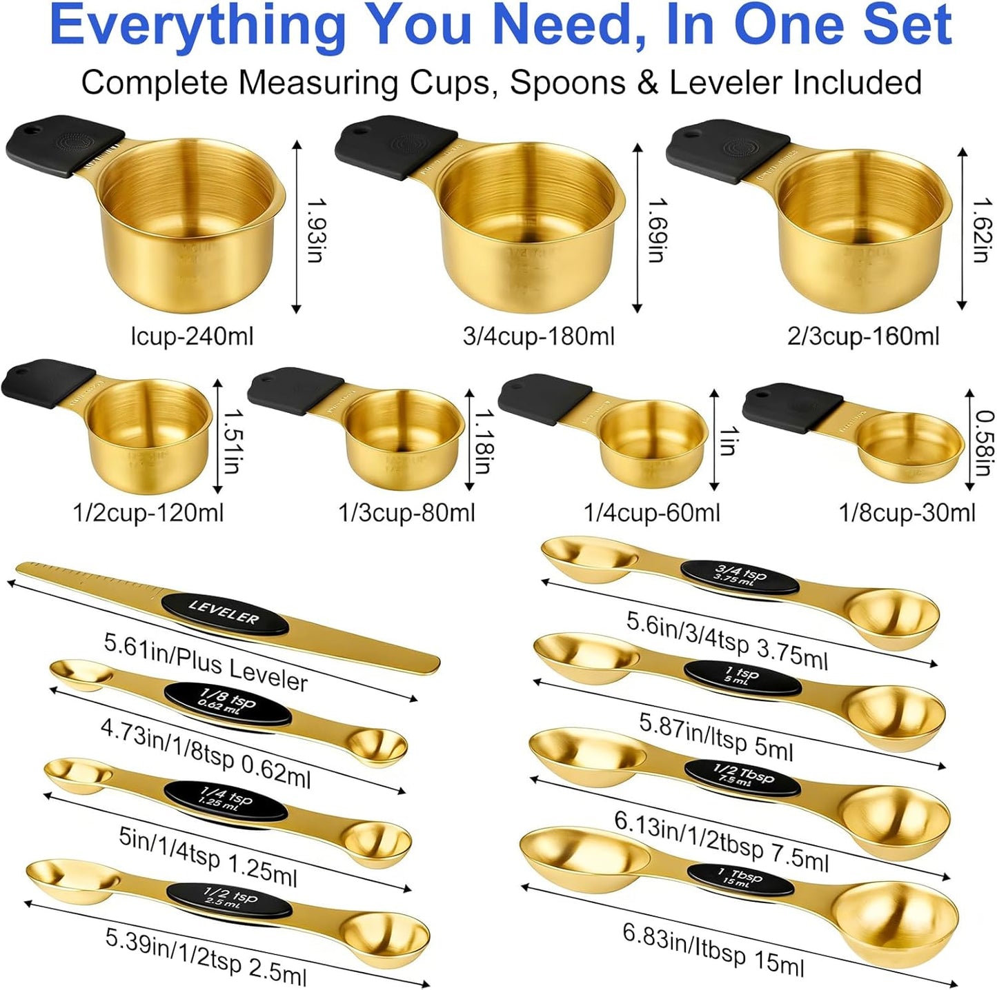 Magnetic Measuring Cups and Spoons Set, Strong N52 Magnets, Heavy Duty 304 Stainless Steel Fits in Spice Jars for Baking & Cooking, BPA Free, Round Set of 15 with Leveler Black