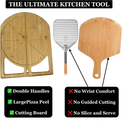 Pizza Cutting Board & Pizza Cutter, 14" Pizza Board | Gift Pizza Set, Best Pizza Cutter Rocker Blade, Bamboo Pizza Cutting Board, Pizza Slicer, Pizza Serving Board,Pizza Rocker Knife For Cutting Pizza