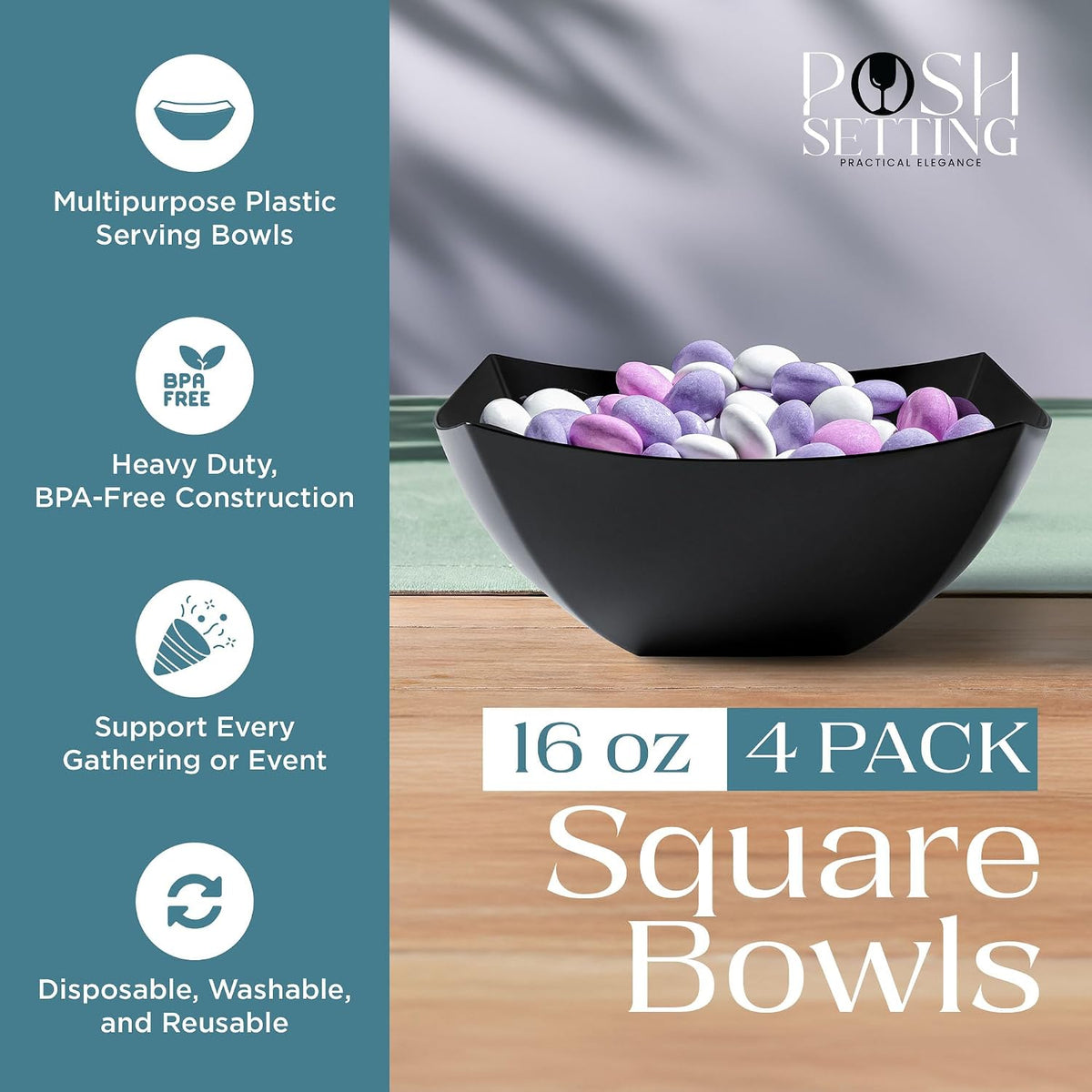 4 Pack Disposable White Plastic Serving Bowls Square Party Candy Use 16oz