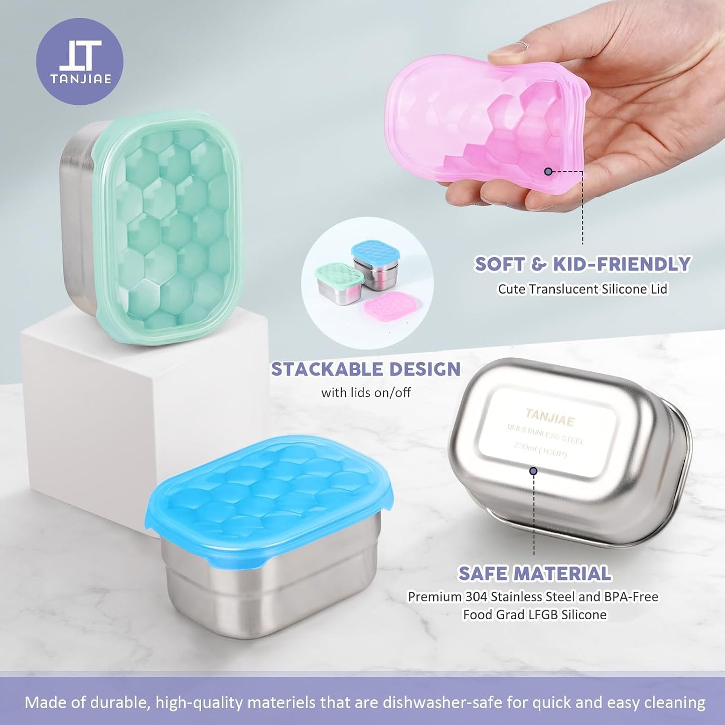 Tanjiae Small (1 CUP) Stainless Steel Snack Containers for Kids | Easy Open Leak Proof Food Containers with Silicone Lids - Perfect Metal Toddler Lunch Box for Daycare and School (8oz)