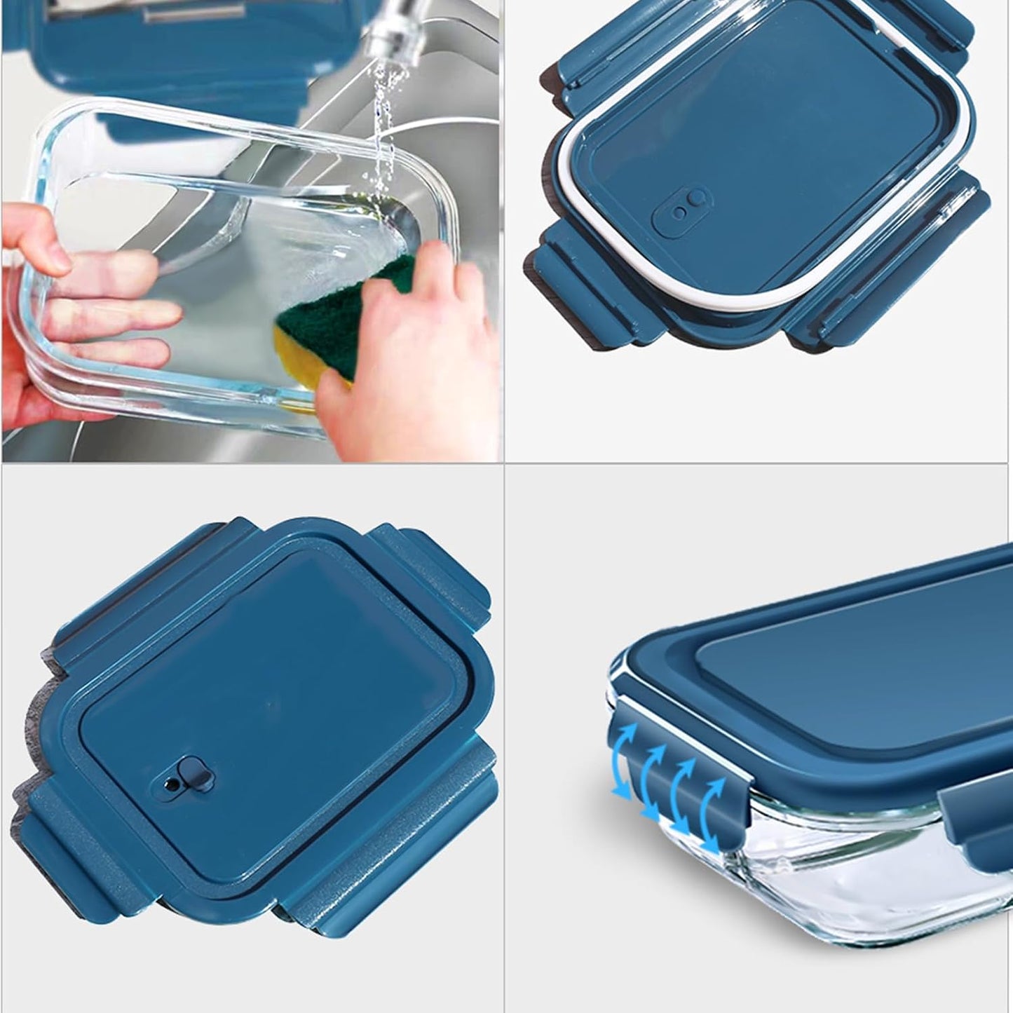 10Pack Rectangle Glass Food Storage Containers with Lids, Meal Prep Containers for Food Storage, BPA Free & Leak Proof (Dark Blue)