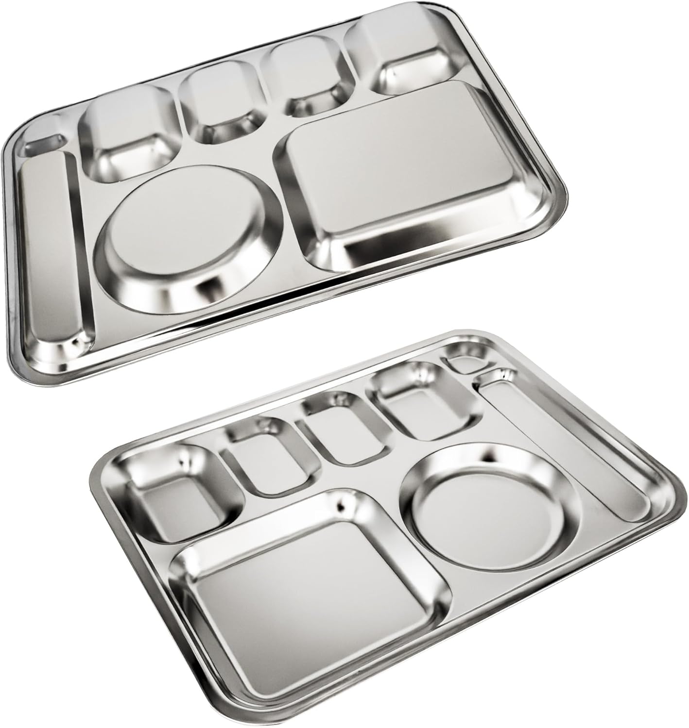 Korean Stainless Steel Divided Plates for Adults, Teens, Premium 304, Electro-Polished, No Black Residue, BPA-Free, Large 5-Compartment Food Tray, Diet Portion Control, Camping, Set of 2