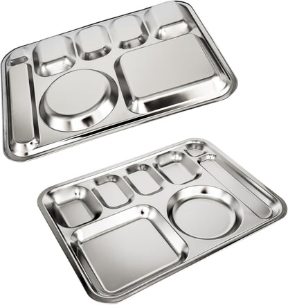 Korean Stainless Steel Divided Plates for Adults, Teens, Premium 304, Electro-Polished, No Black Residue, BPA-Free, Large 5-Compartment Food Tray, Diet Portion Control, Camping, Set of 2