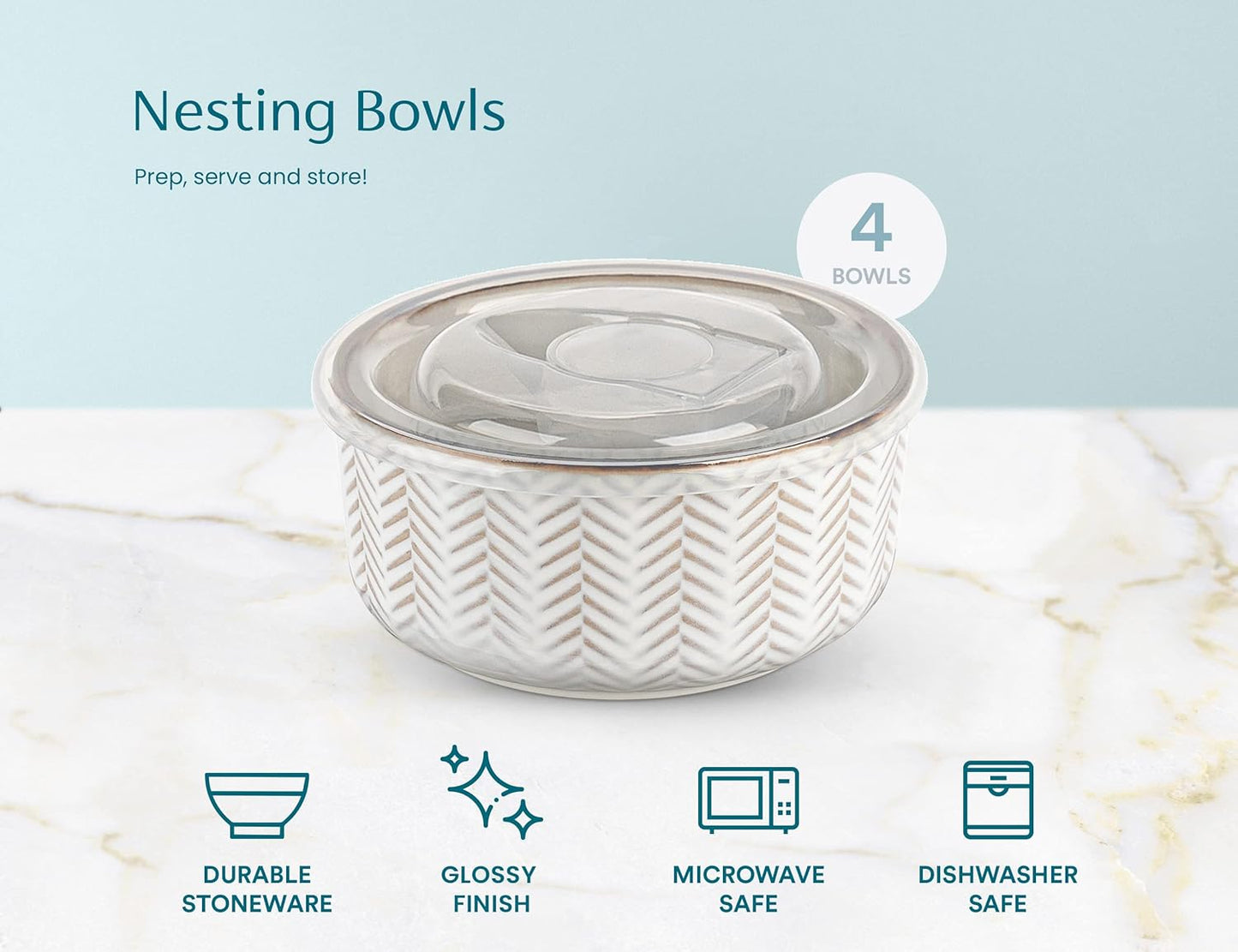 KooK Serving Bowls, with Lids, Ceramic Nesting Bowls, Set of 4, Embossed, Kitchen, Prep, Stackable, Gift, Microwave and Dishwasher Safe, 10/16/29/47 oz, Narbonne Collection (Ivory)